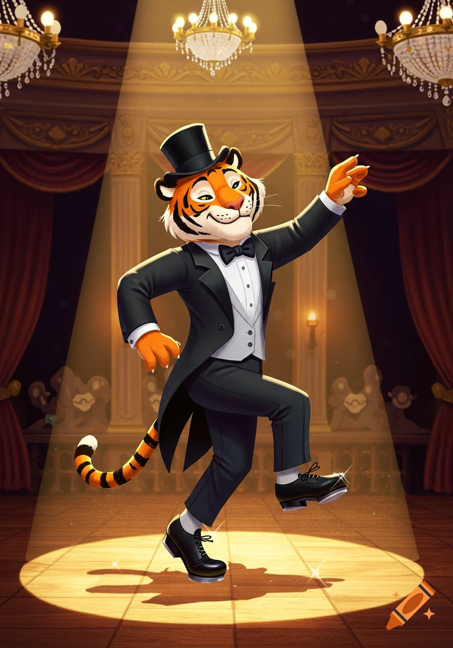 A friendly cartoon anthropomorphic tiger in a tuxedo and top hat tap dances under a spotlight on a stage.
