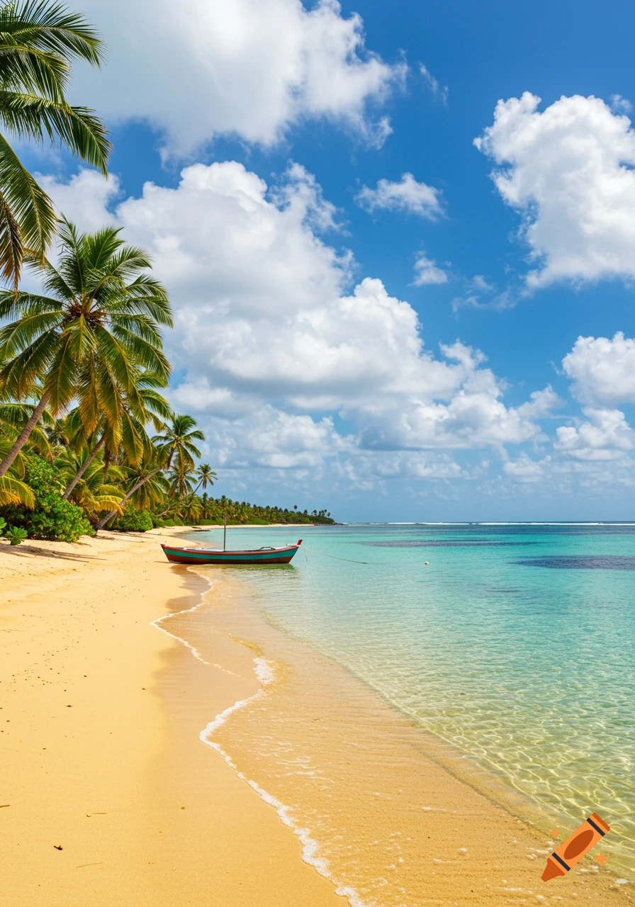 A tranquil tropical beach with golden sand, clear turquoise water, palm trees, fluffy clouds, and a colorful boat near the shore.