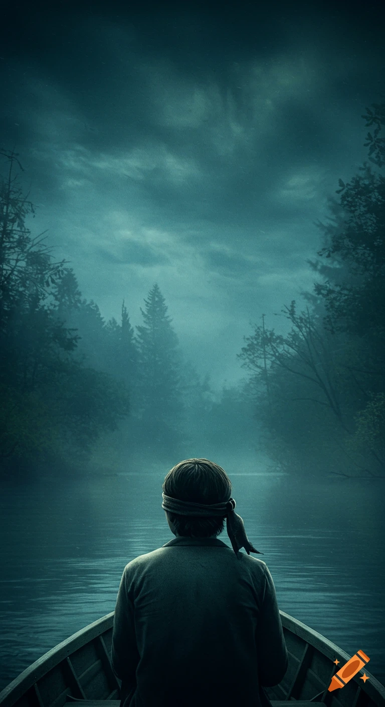 Blindfolded person in a boat on a dark, misty river, surrounded by forest, in a cinematic suspense style.