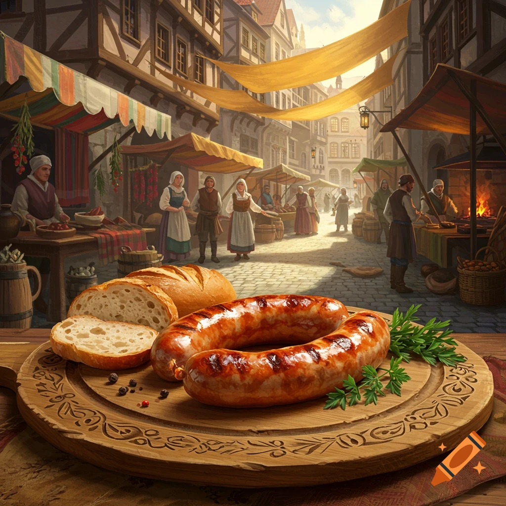 Grilled sausages and sliced bread on a wooden board in the foreground of a bustling medieval market street.