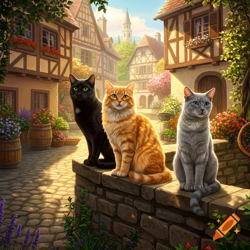 Three cats (black, orange tabby, and gray) sit on a stone wall in a sunlit, flower-filled European village street.