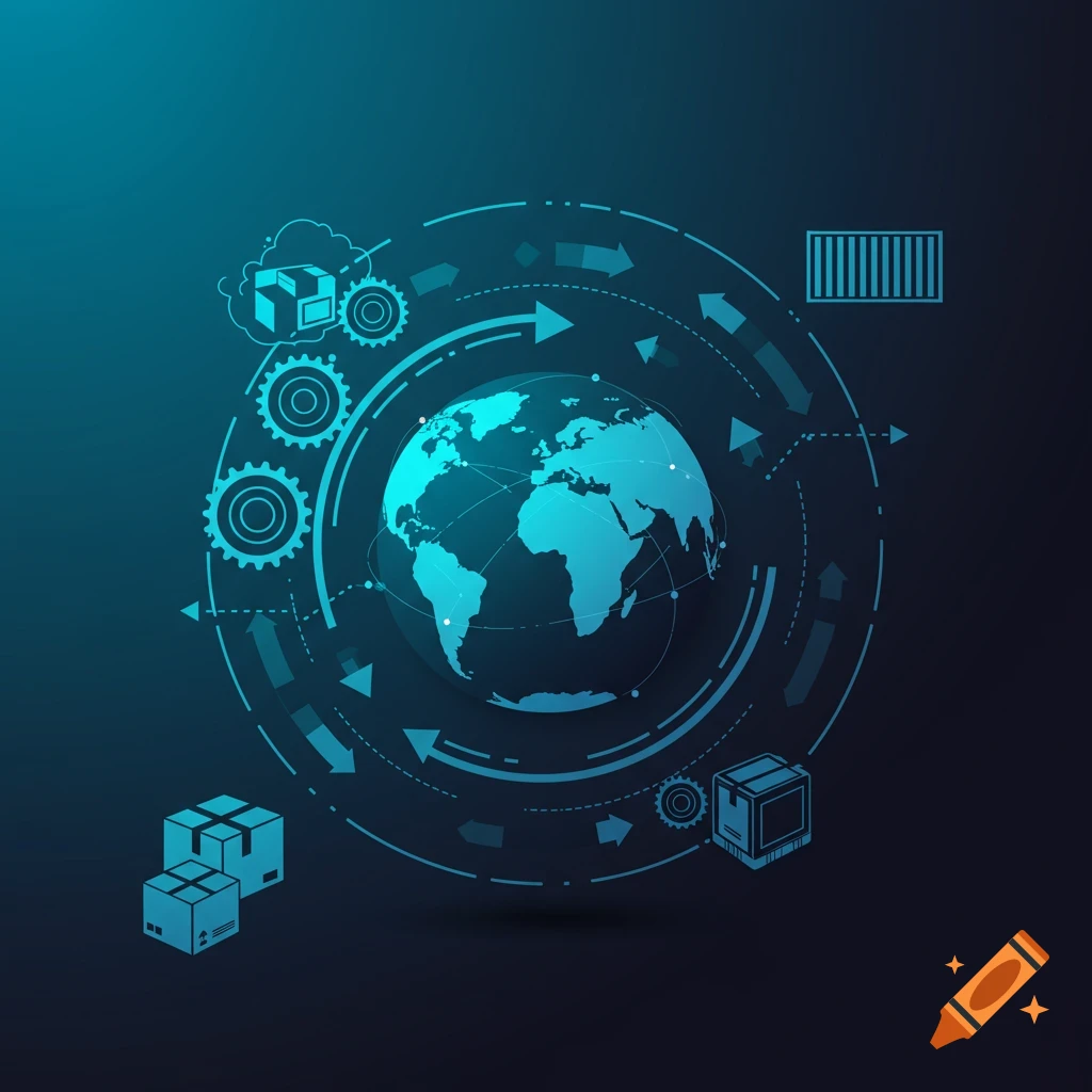 A stylized blue globe with a global network, surrounded by abstract logistics icons like arrows, gears, shipping boxes, and a cloud on a dark background.