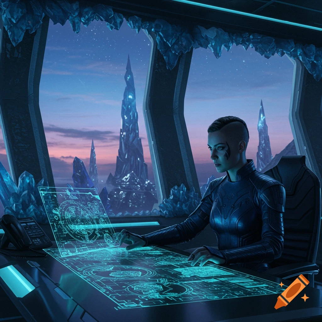A woman with a mohawk uses glowing holographic maps in a futuristic chamber, overlooking crystal spires under a twilight sky.