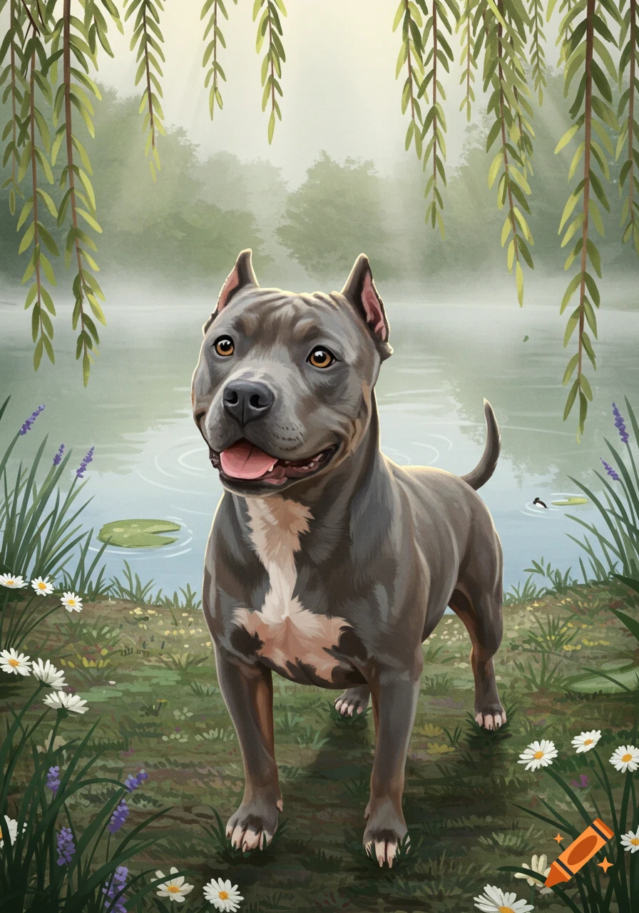Illustrated gray Pitbull with white markings by a pond with willow trees, surrounded by grass and flowers, in a soft, misty nature scene.