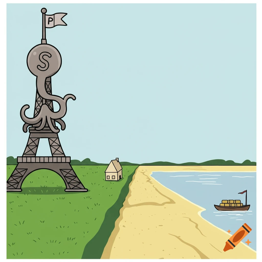 A cartoon illustration shows an Eiffel Tower-like structure with an 'S' and a 'P' flag, a house on a beach, and a loaded boat in water under a blue sky.