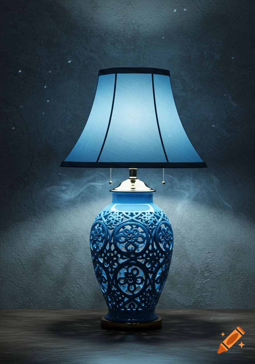 A glowing ornate blue lamp with a patterned base and a trapezoidal shade sits on a dark wooden table against a textured blue wall.