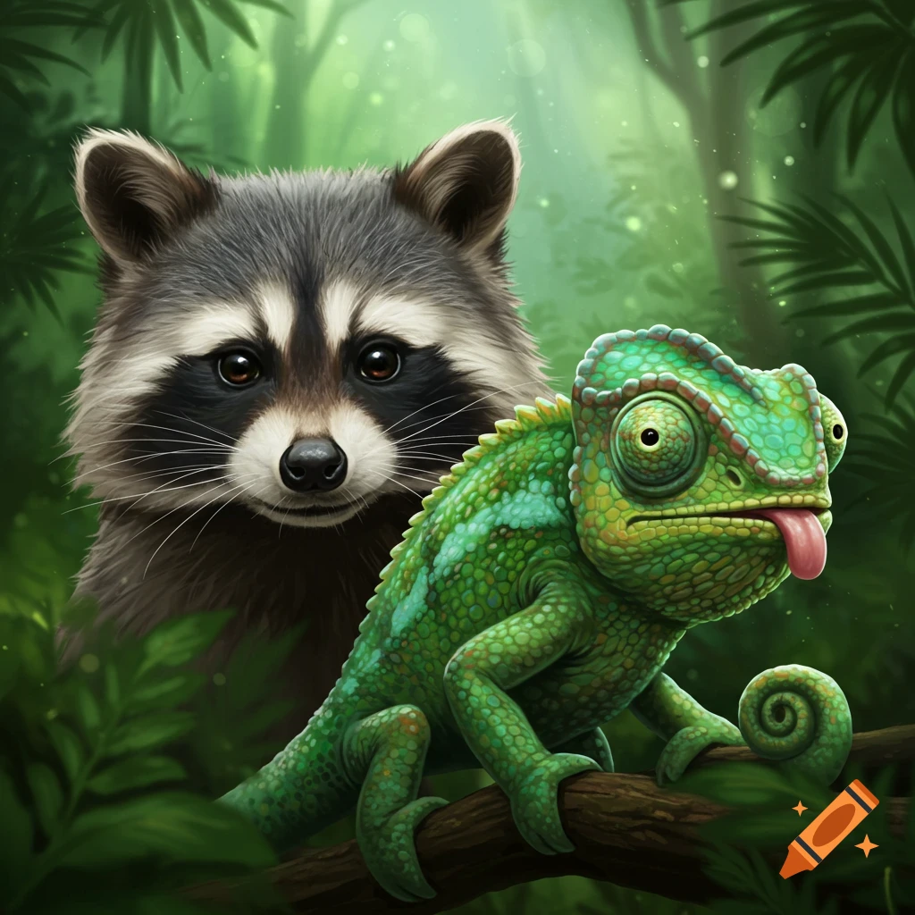 An illustrative image of a raccoon and a green chameleon on a branch in a lush jungle, the chameleon's tongue slightly out.