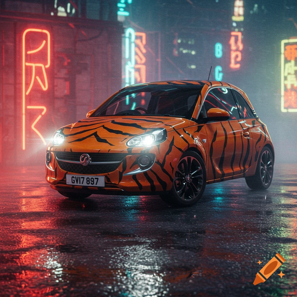 An orange car with black tiger stripes on a wet city street at night, illuminated by neon lights and its headlights. Photorealistic style.