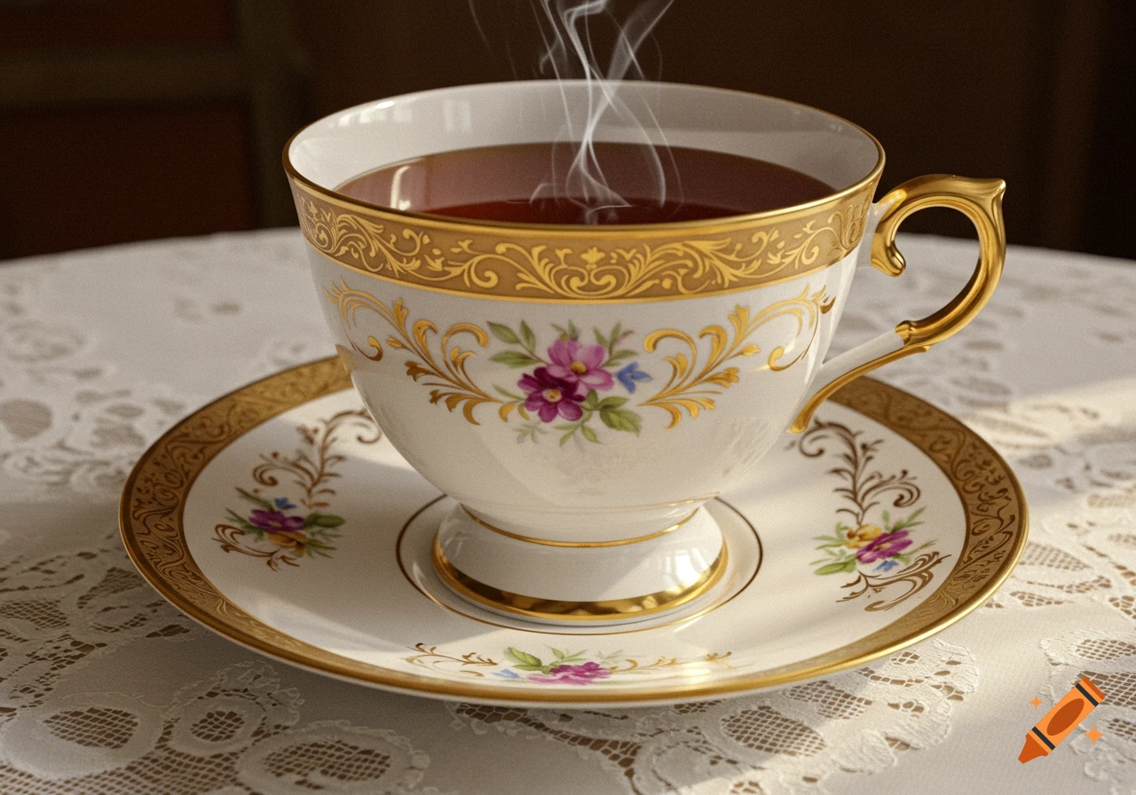 A white teacup with ornate gold and floral designs on a matching saucer, steaming with tea on a lace tablecloth.