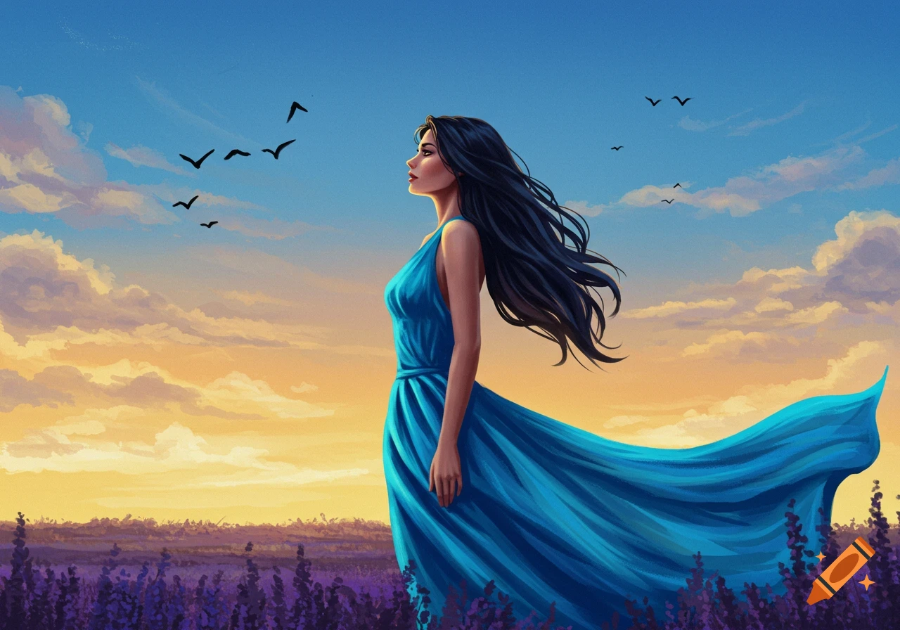 Digital painting of a woman in a blue dress with flowing hair standing in a purple field at sunset with birds in the sky.