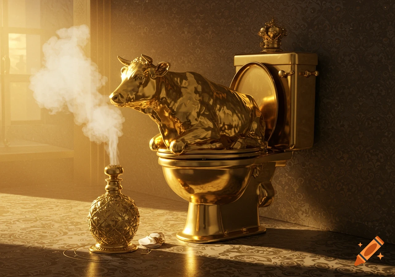 A golden cow sculpture sits on a golden toilet in a lavish, dimly lit room, with an ornate golden incense burner smoking nearby.