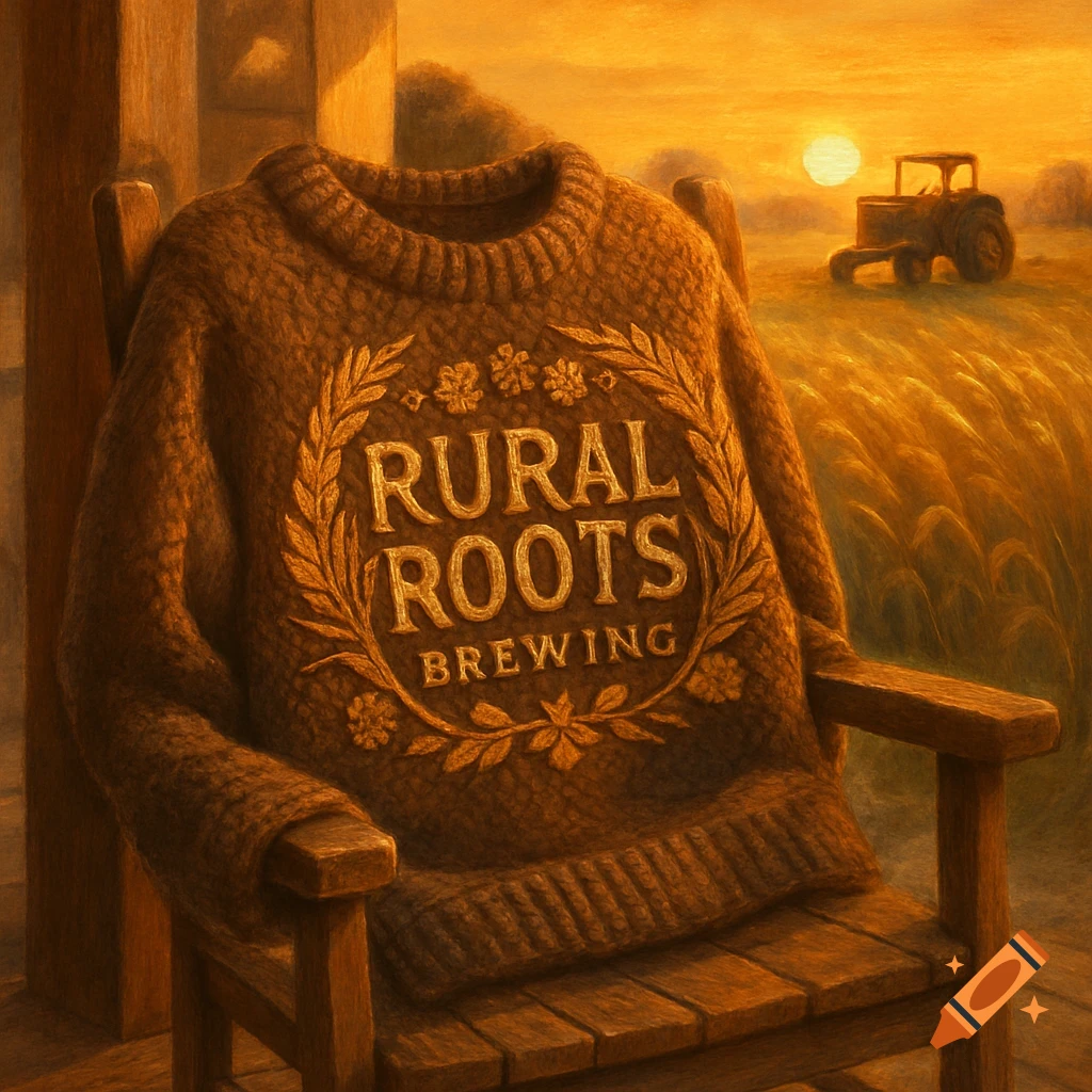 A brown knitted sweater with a 'RURAL ROOTS BREWING' logo rests on a wooden chair, set against a golden rural sunset with a tractor in a field, in a painterly style.
