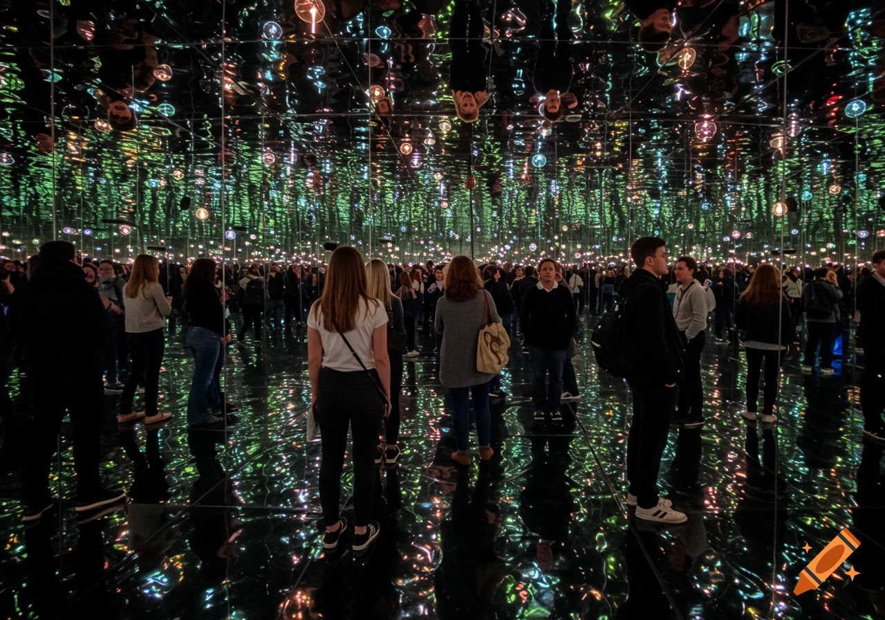 A crowd of people stand in a dark mirrored room filled with countless reflections of themselves and colorful lights.