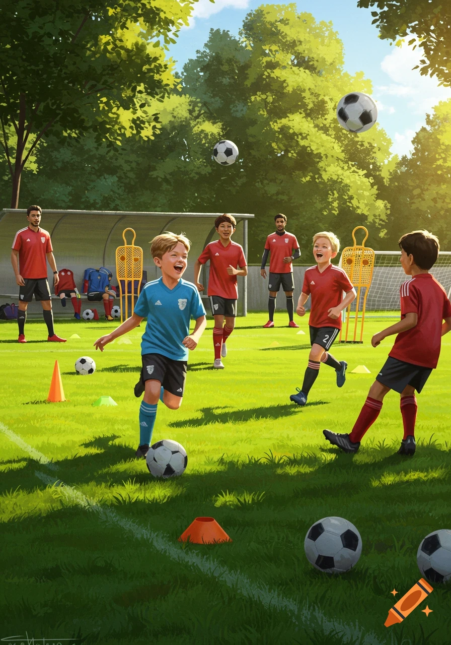 A vibrant illustration of children playing soccer on a sunny green field with several coaches in the background.