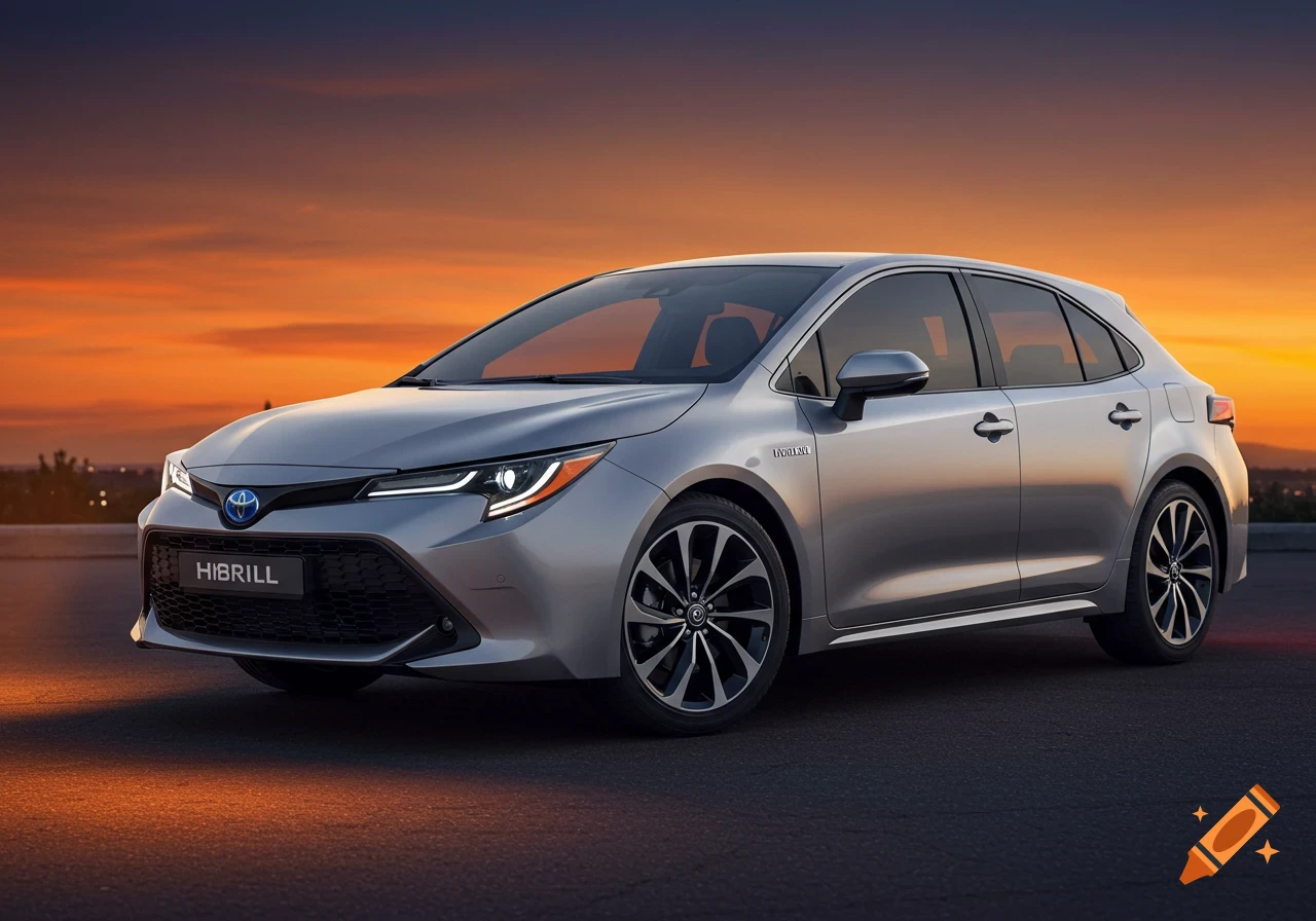 A silver hybrid hatchback car, resembling a Toyota, parked on an asphalt road with a dramatic orange and purple sunset in the background.