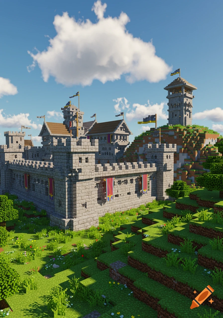 A blocky Minecraft castle and a watchtower on a grassy hill under a blue sky.