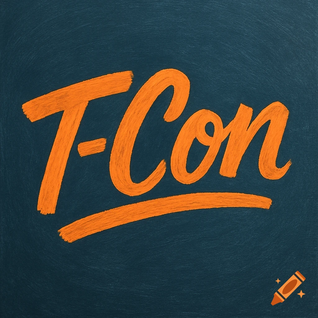 An orange hand-drawn logo for "T-Con" on a dark, textured metallic blue background.
