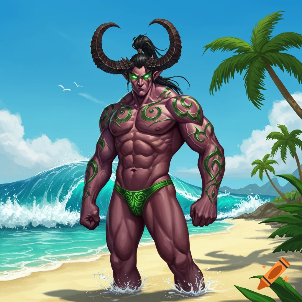 Muscular, horned demon-like character (Illidan Stormrage) with green tribal tattoos standing in a green swimsuit on a sunny beach.