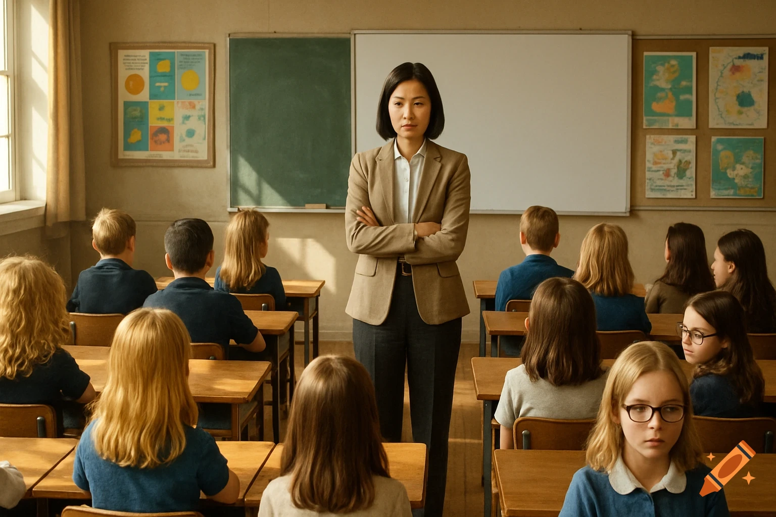 Photorealistic image of a female teacher standing with crossed arms in a classroom full of students at their desks.