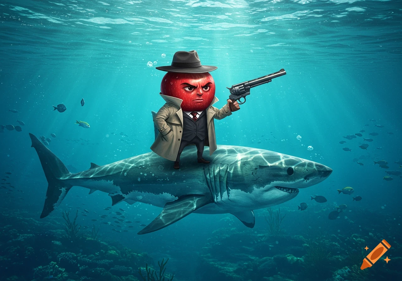 Cartoon illustration of an angry red apple detective in a trench coat and fedora, holding a revolver, riding a great white shark underwater.