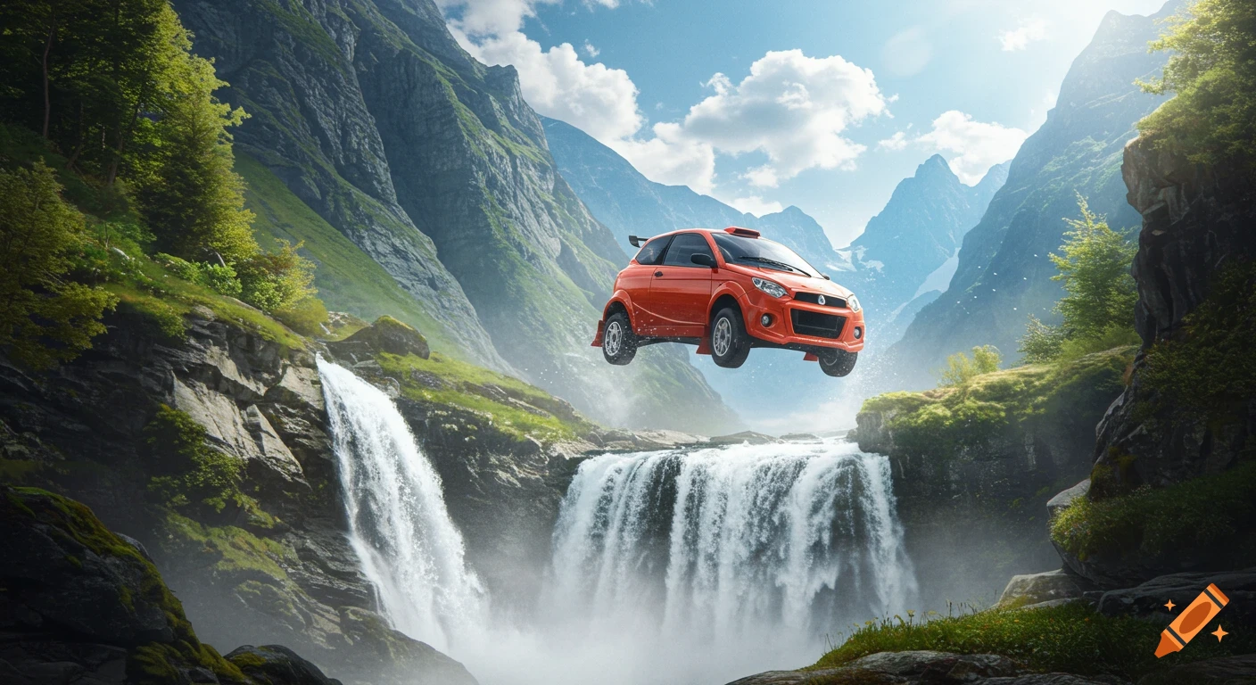 An orange rally car jumps over a large waterfall in a green mountain valley under a blue sky.