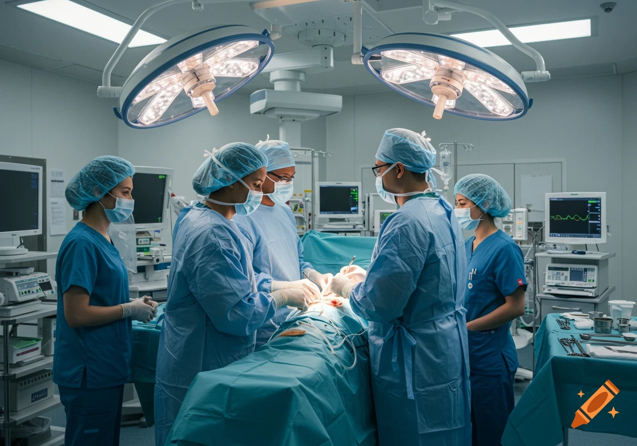 Photorealistic image of a diverse medical team performing surgery in a brightly lit, modern operating room.