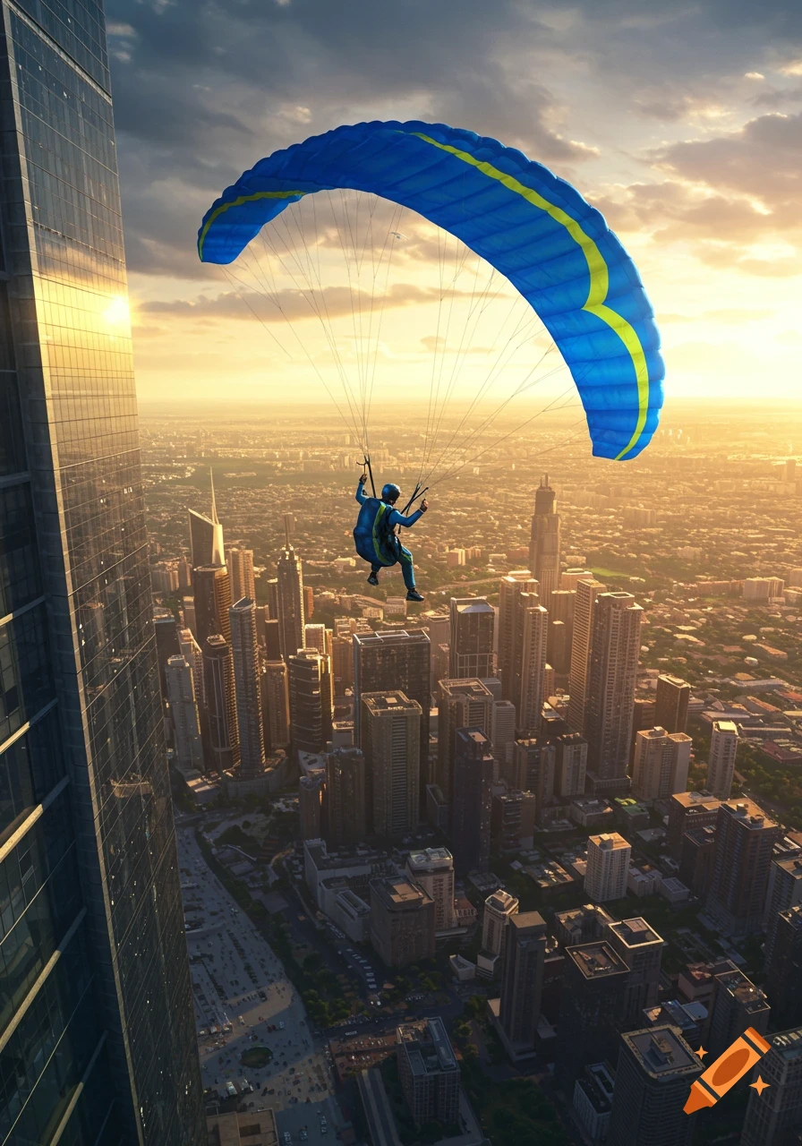 A person paragliding from a tall skyscraper over a vast city at sunset, with golden light illuminating the buildings.