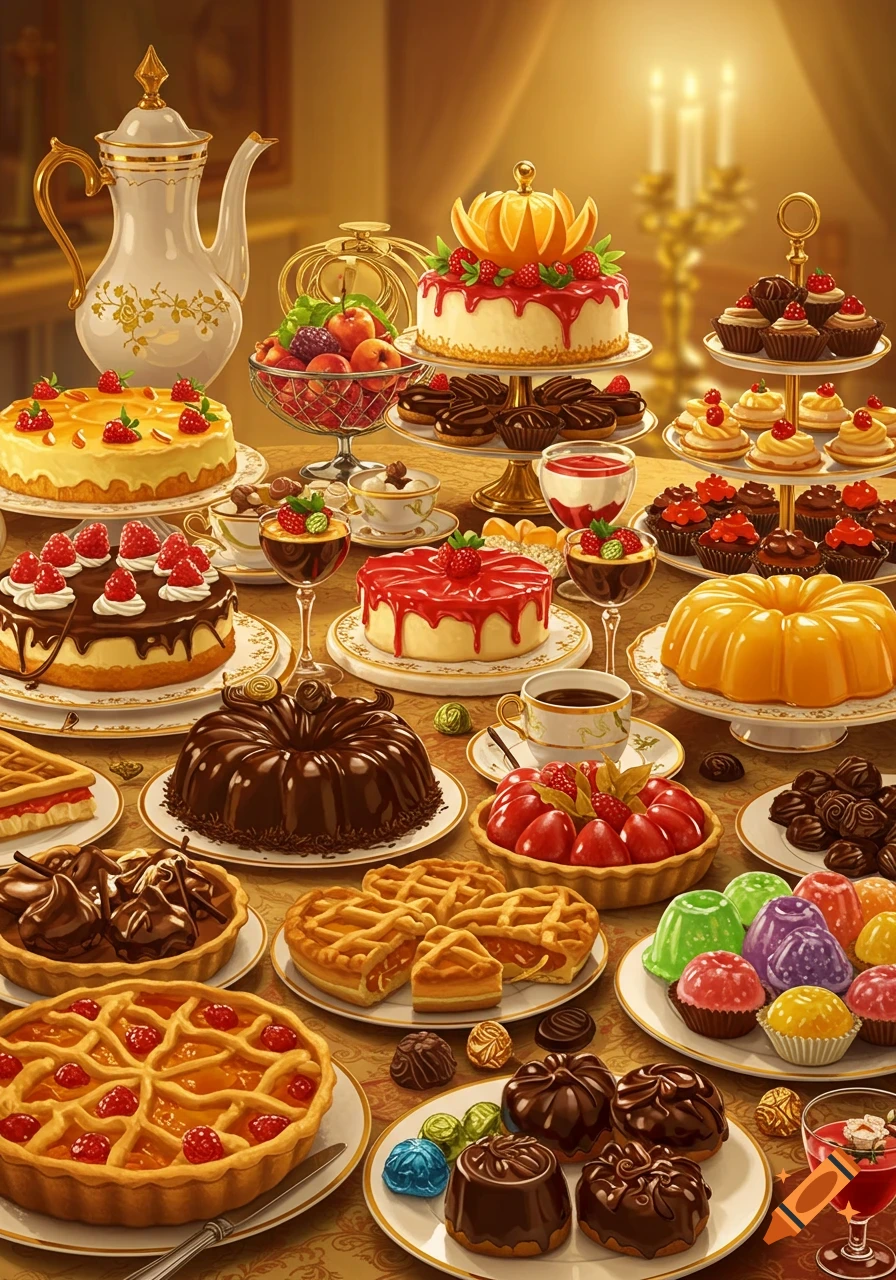 A lavish table laden with various desserts including cakes, pies, chocolates, fruit, and jellies, with a teapot in the background.
