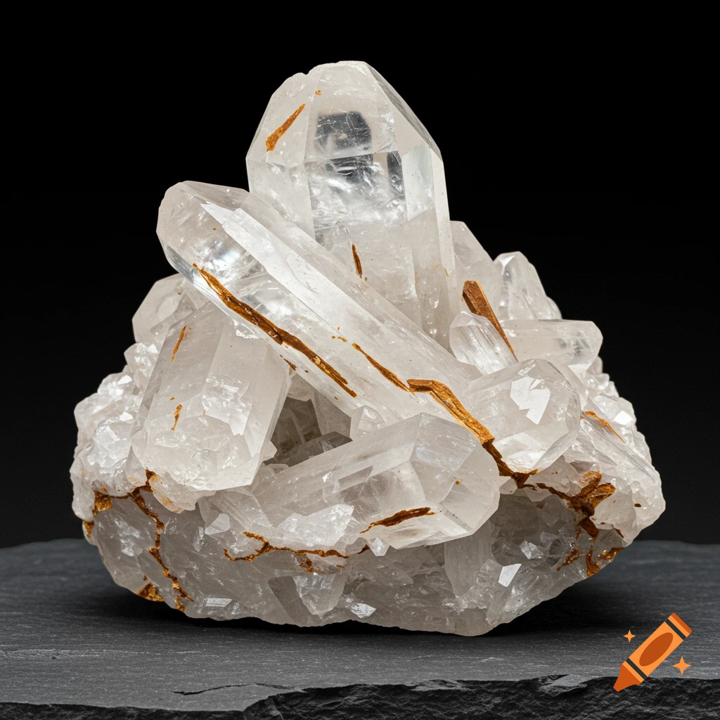 Close-up of clear quartz crystals with golden-brown needle-like inclusions on a dark slate surface.