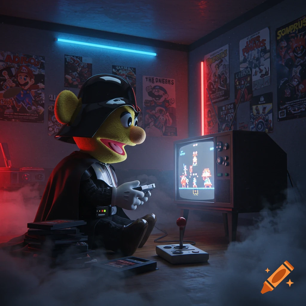 A yellow puppet dressed as Darth Vader plays an 8-bit Super Mario game on a retro TV in a neon-lit room with gaming posters.
