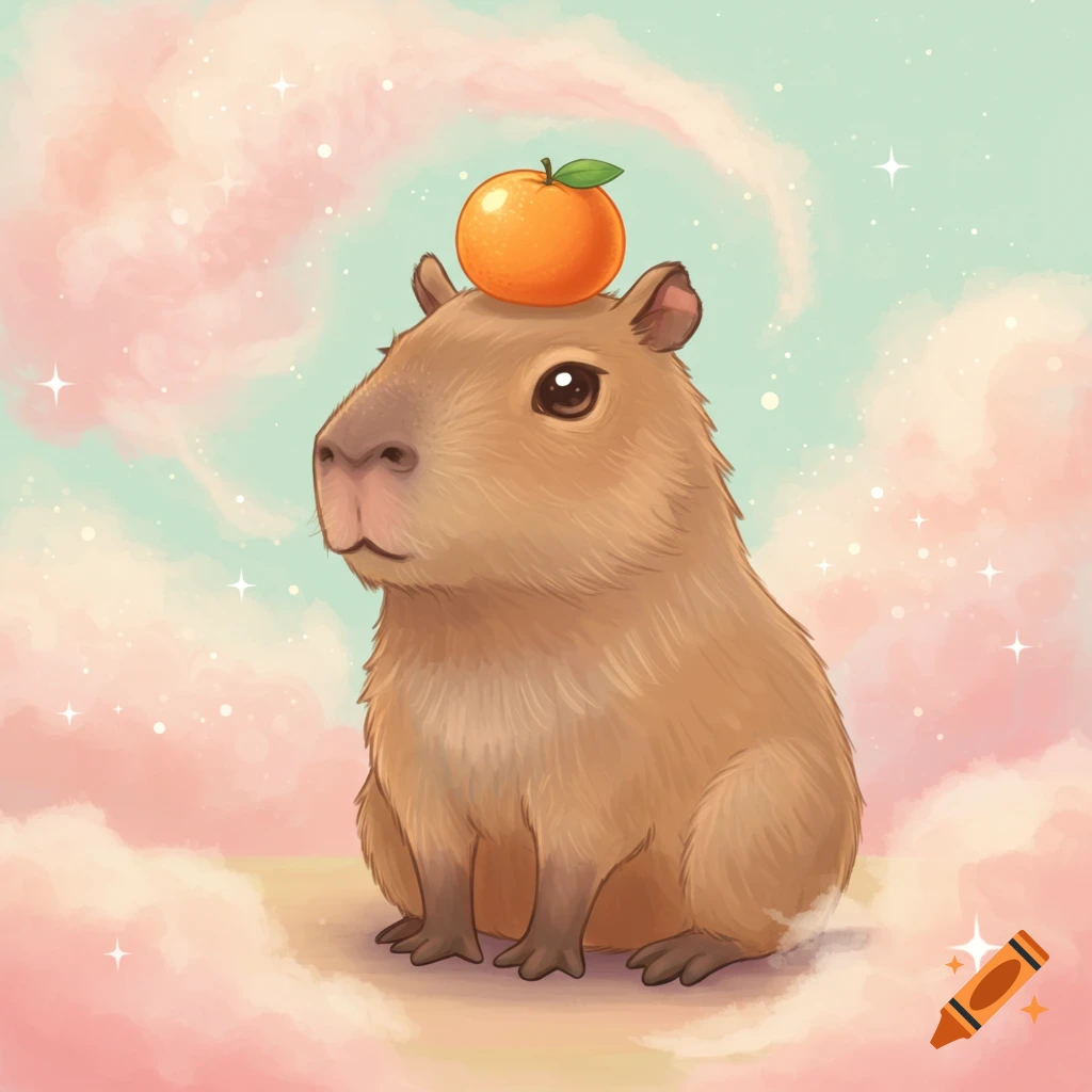 A cute, cutesy kawaii illustration of a capybara with an orange on its head, sitting in a pastel cloudscape with sparkles.