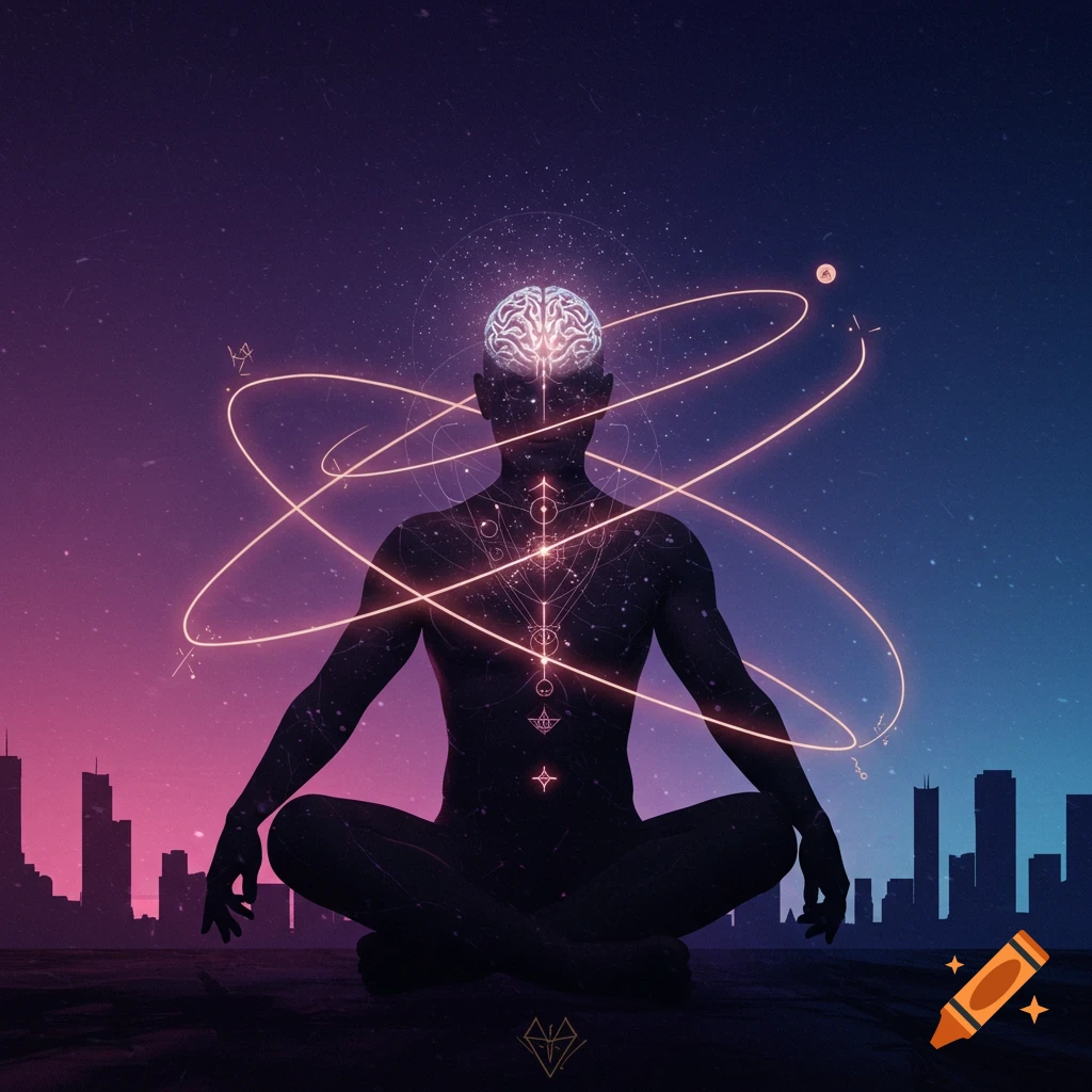 A silhouetted figure meditates, revealing a glowing brain, surrounded by orbiting light and sacred geometry above a twilight city.
