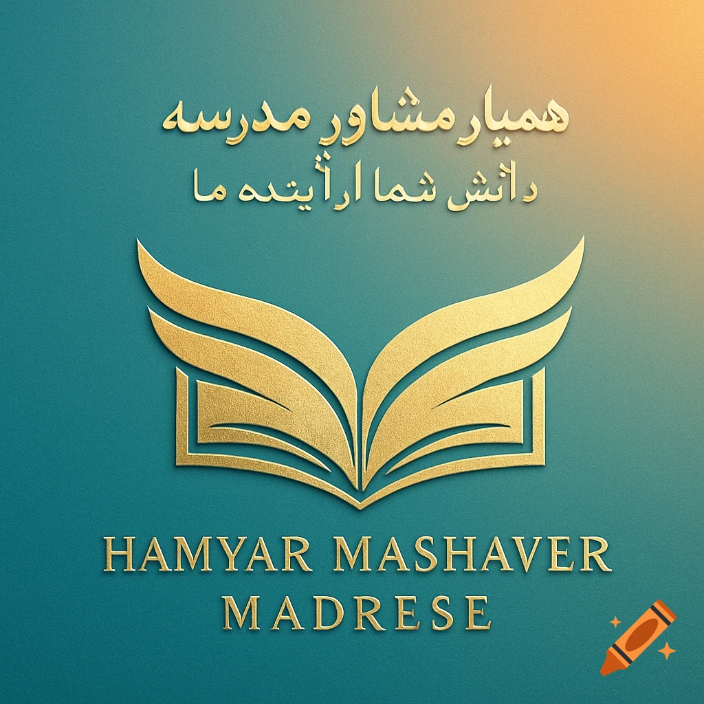 A golden logo resembling an open book with wings, featuring Persian text and "HAMYAR MASHAVER MADRESE" in English, against a teal background.