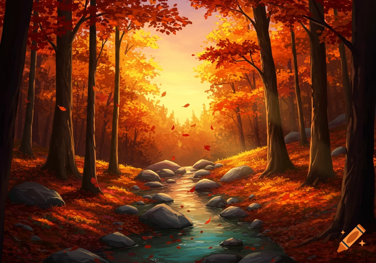 Stylized illustration of an autumn forest with a stream, falling red leaves, and a golden sunset.