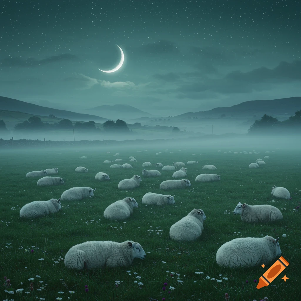 Numerous sheep rest in a misty green field under a starry night sky with a crescent moon and distant hills.