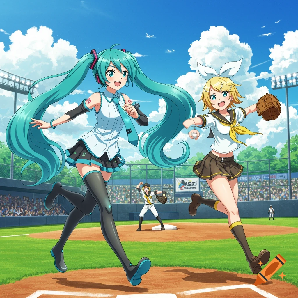 Hatsune Miku and Kagamine Rin run on a baseball field in a bright anime style.