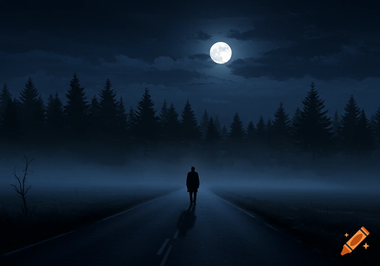 A lone figure walks down a dark, misty road through a dense forest at night under a bright full moon.