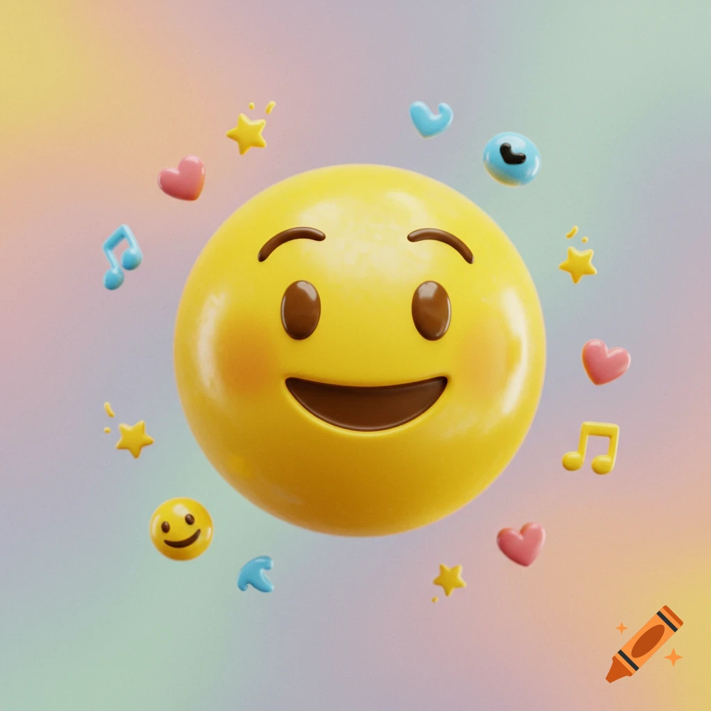A cute 3D rendered yellow smiling emoji surrounded by floating hearts, stars, and music notes on a pastel background.
