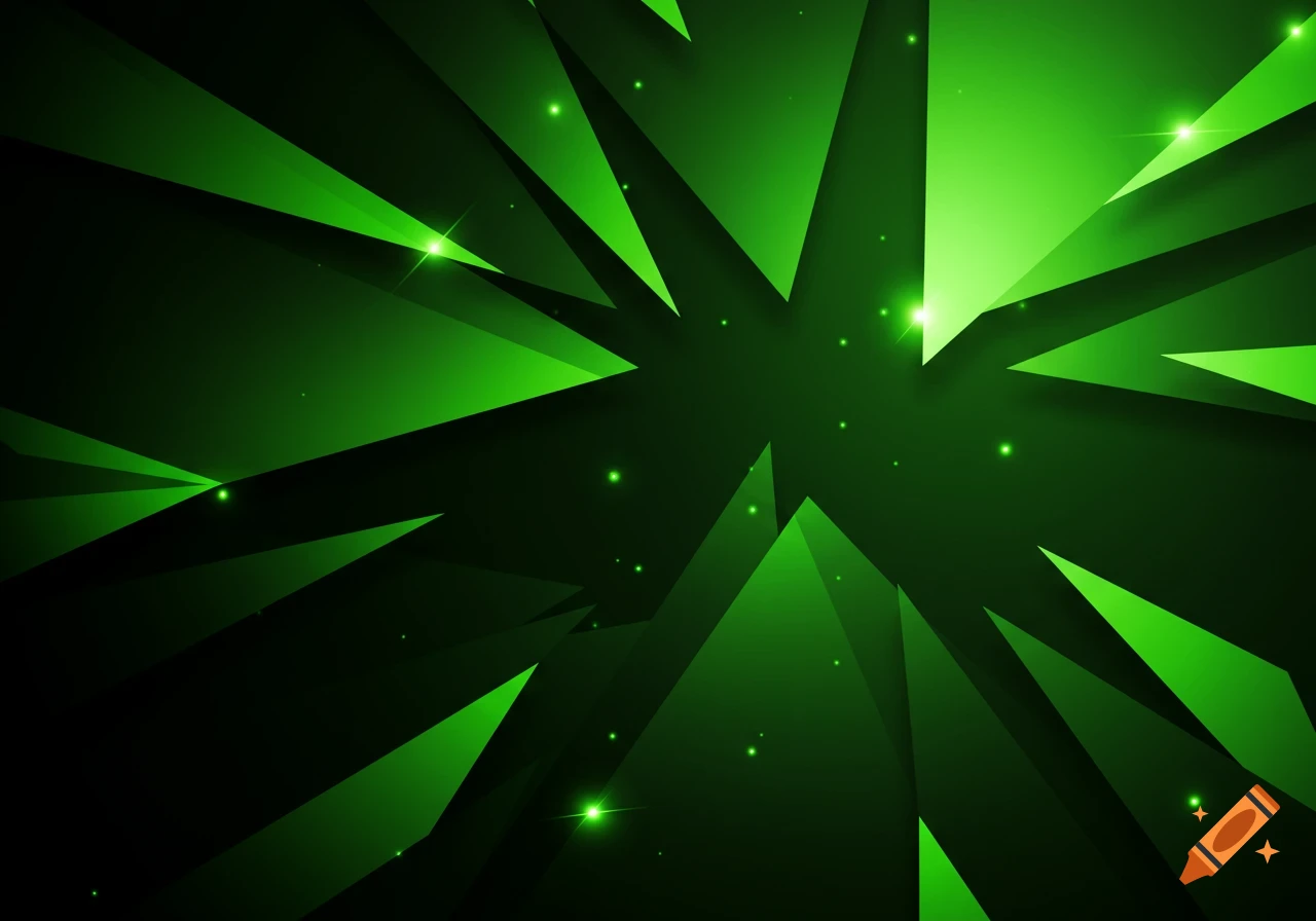 Abstract geometric background with sharp neon green triangles radiating from a dark center, dotted with bright green sparks.