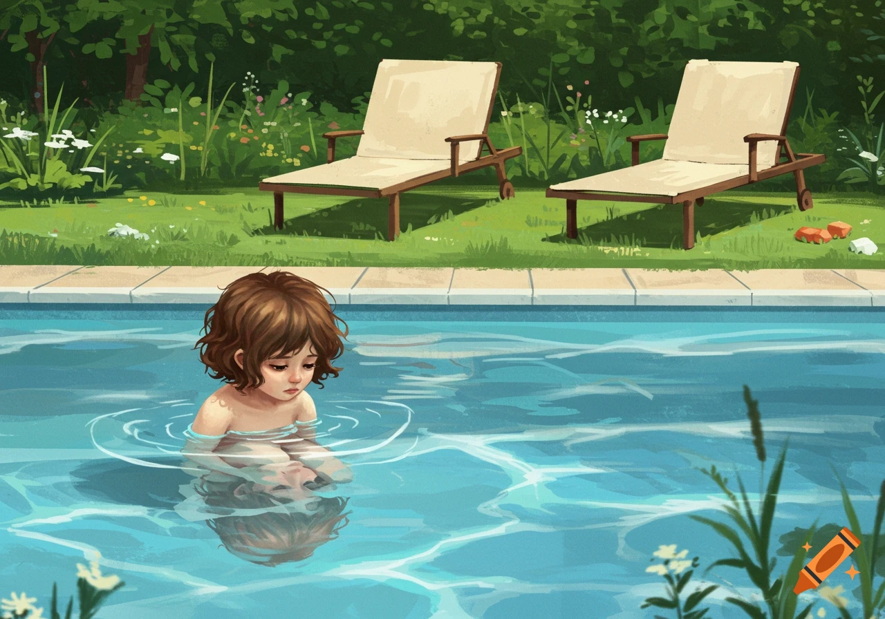 An illustration of a sad child in a swimming pool, with lounge chairs and greenery in the background.