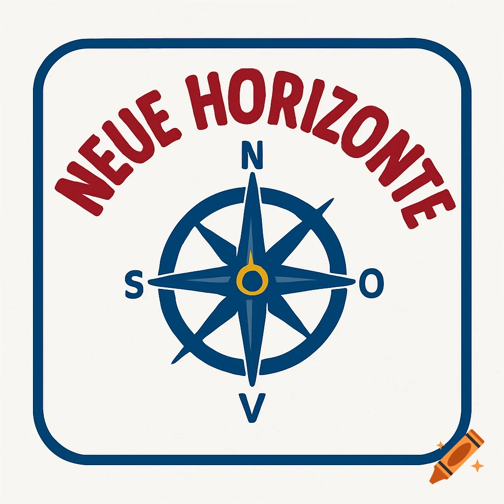 A white square logo with rounded corners features a blue border. Inside, a blue compass rose has points labeled N, S, O, and V. Above, the red arched text "NEUE HORIZONTE" is visible.