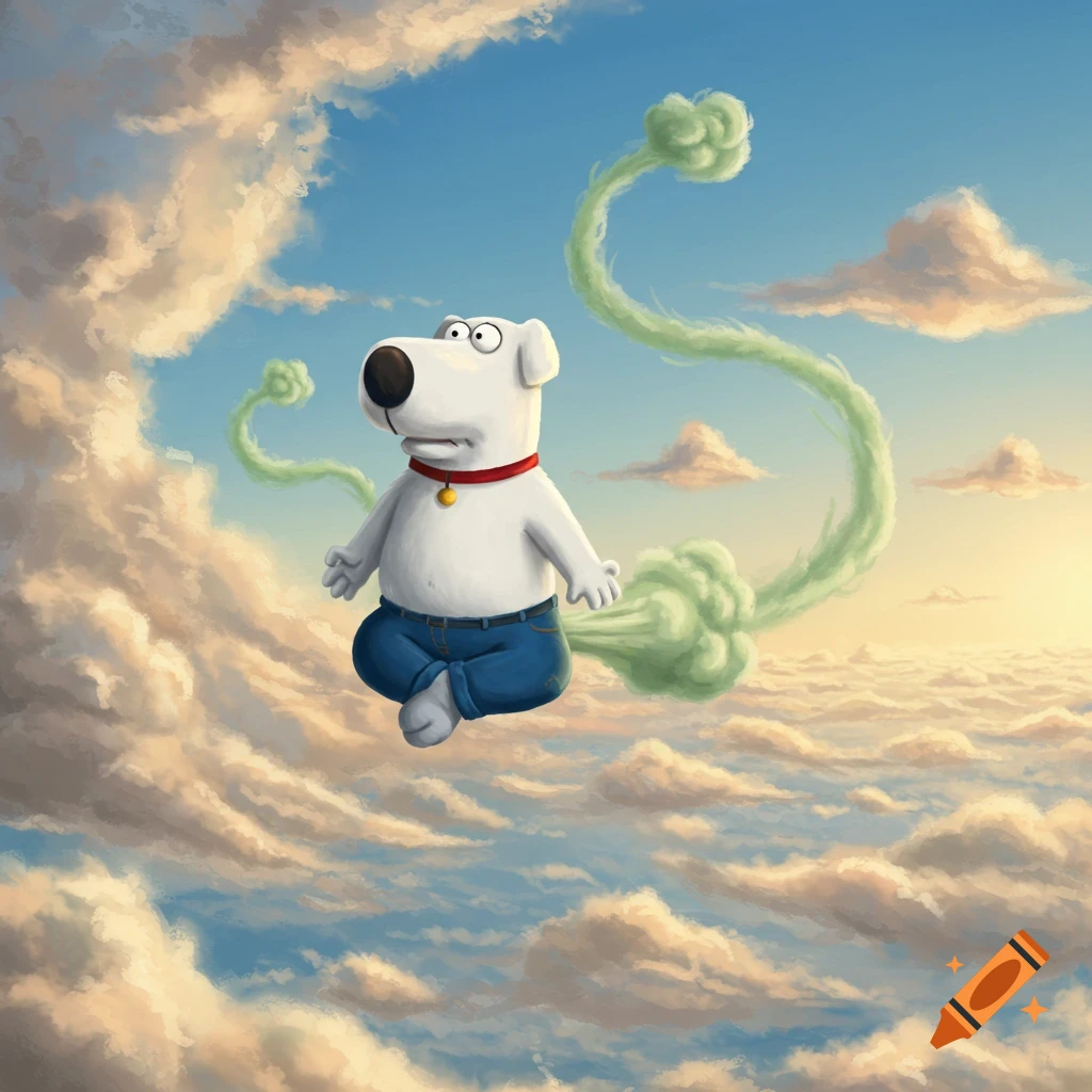 Cartoon character Brian Griffin flying through a cloudy blue sky, meditating with crossed legs while green farts propel him.
