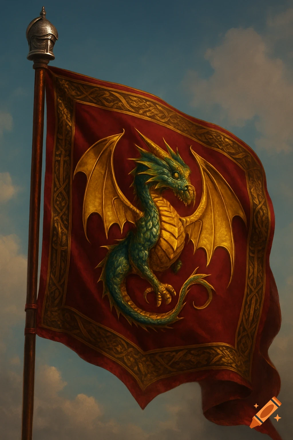 Red banner with a green and gold dragon emblem, helmet finial, against a blue sky.