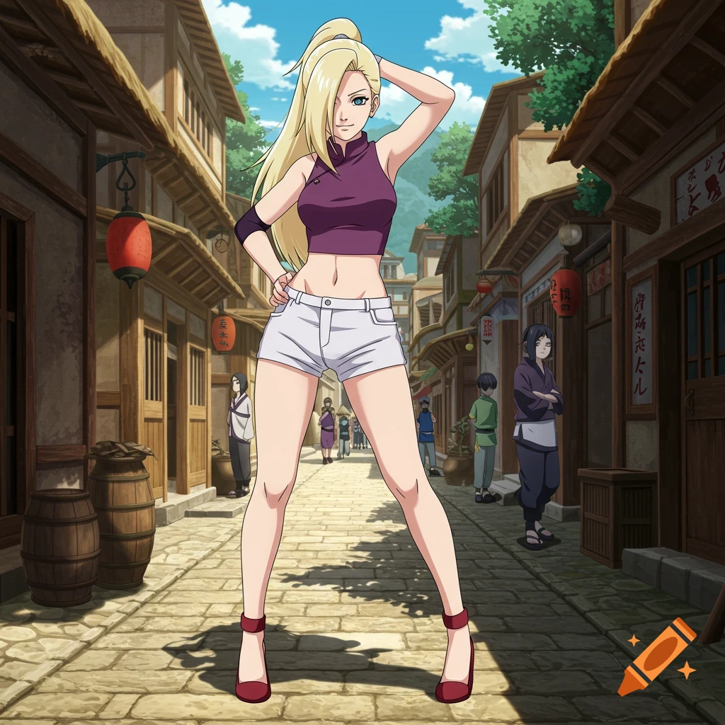 Ino Yamanaka from Naruto, wearing a purple crop top, white shorts, and red heels, poses on a traditional village street.
