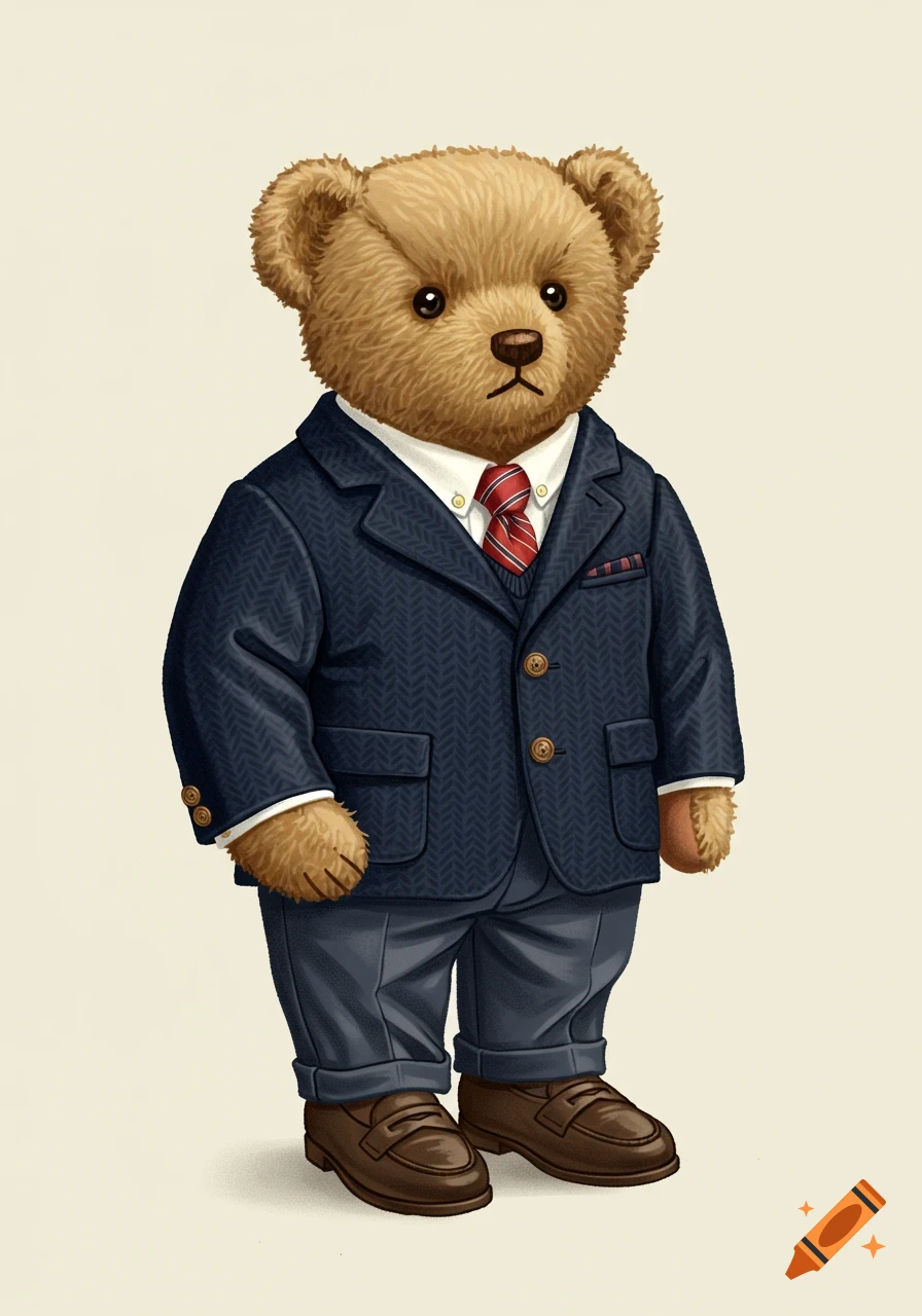 A vintage teddy bear dressed in a navy blazer, red tie, and loafers, standing on a cream background, in a 2D vector illustration style.
