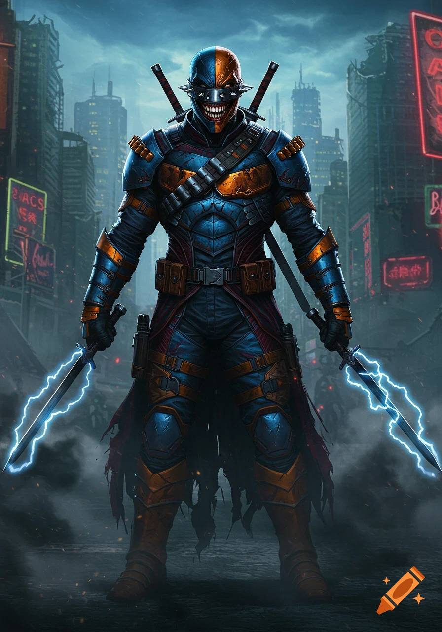 A detailed illustration of a masked warrior with orange and blue armor, a menacing grin, and lightning swords in a dark cyberpunk city.