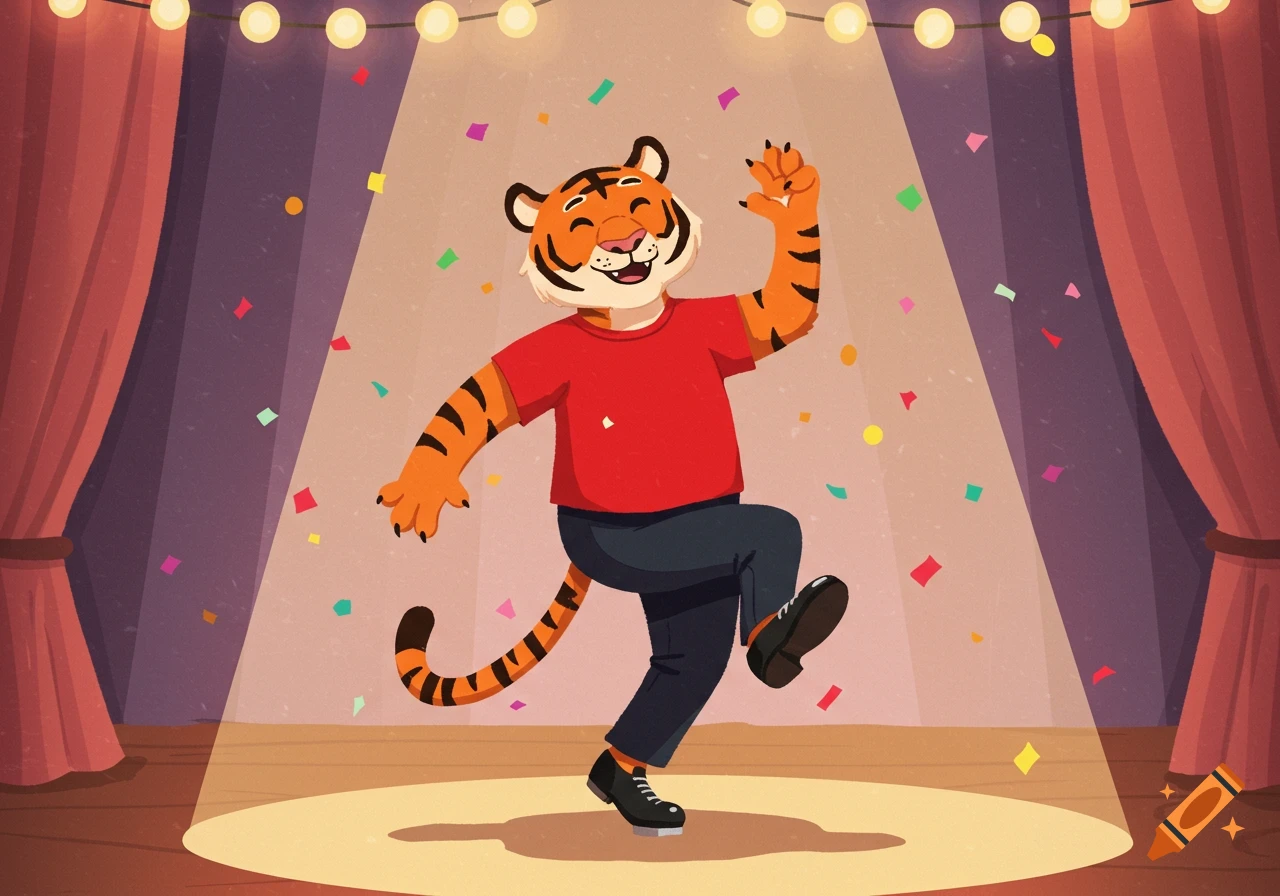 A friendly anthropomorphic cartoon tiger in a red t-shirt and black pants tap dancing on a stage with confetti and string lights.