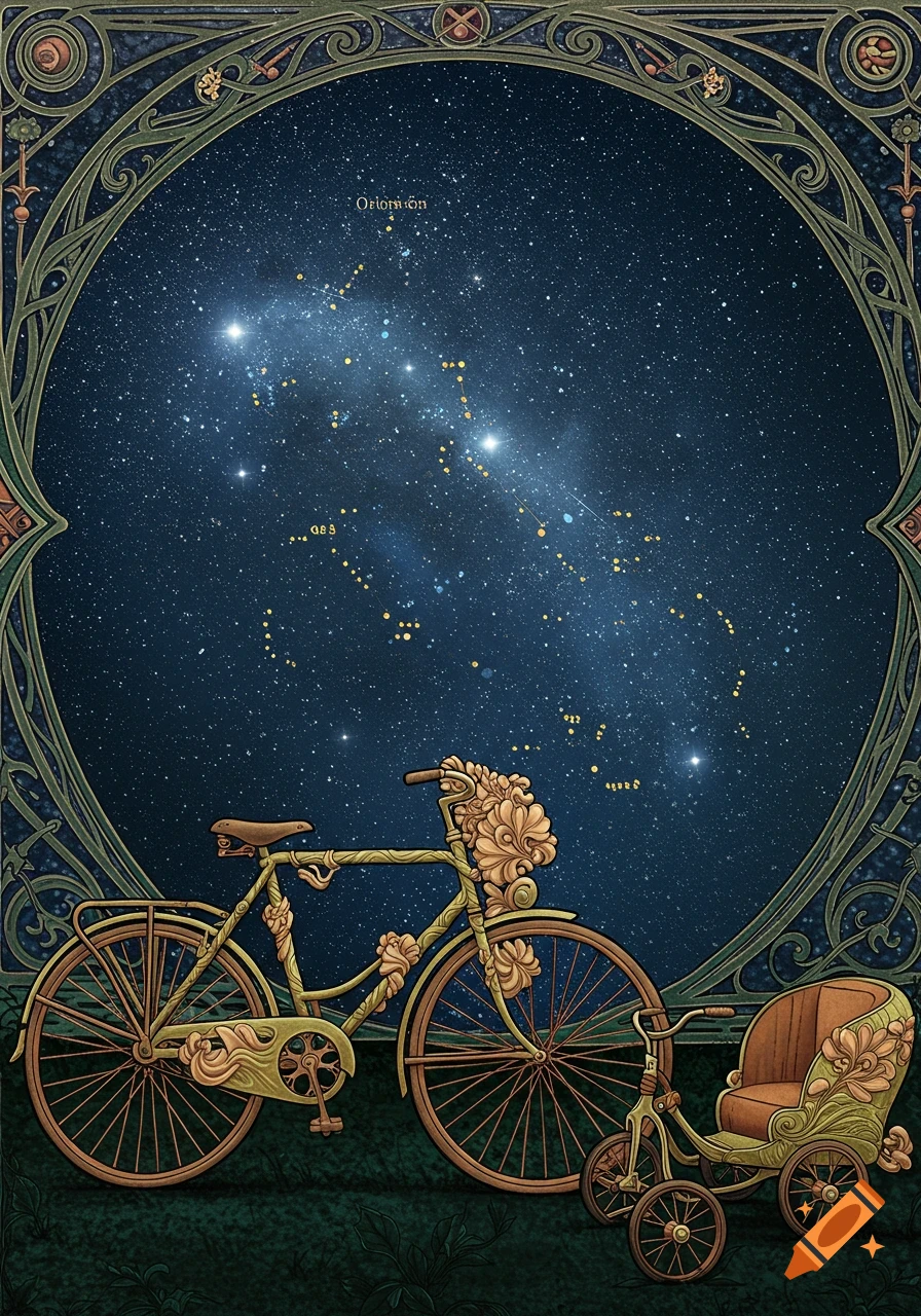 Art Nouveau illustration of an ornate bicycle and tricycle under a starry night sky, within an elaborate decorative border.