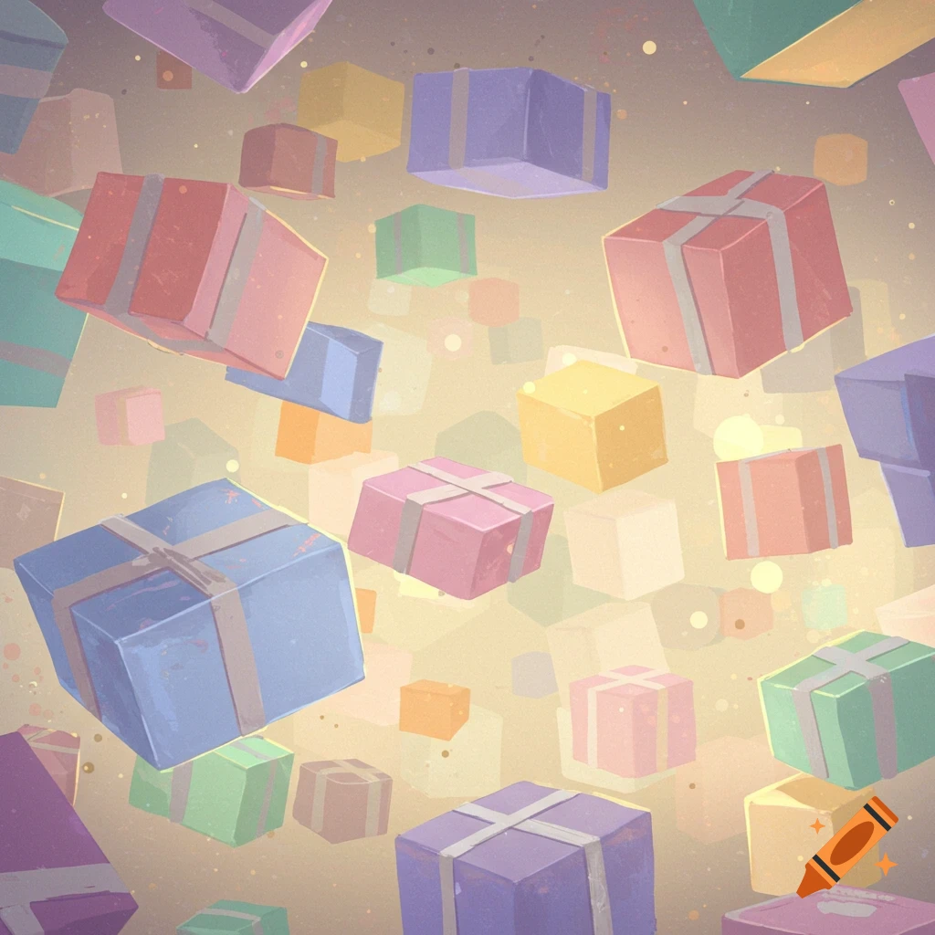 Colorful gift boxes with ribbons float in a bright, ethereal space with glowing particles.
