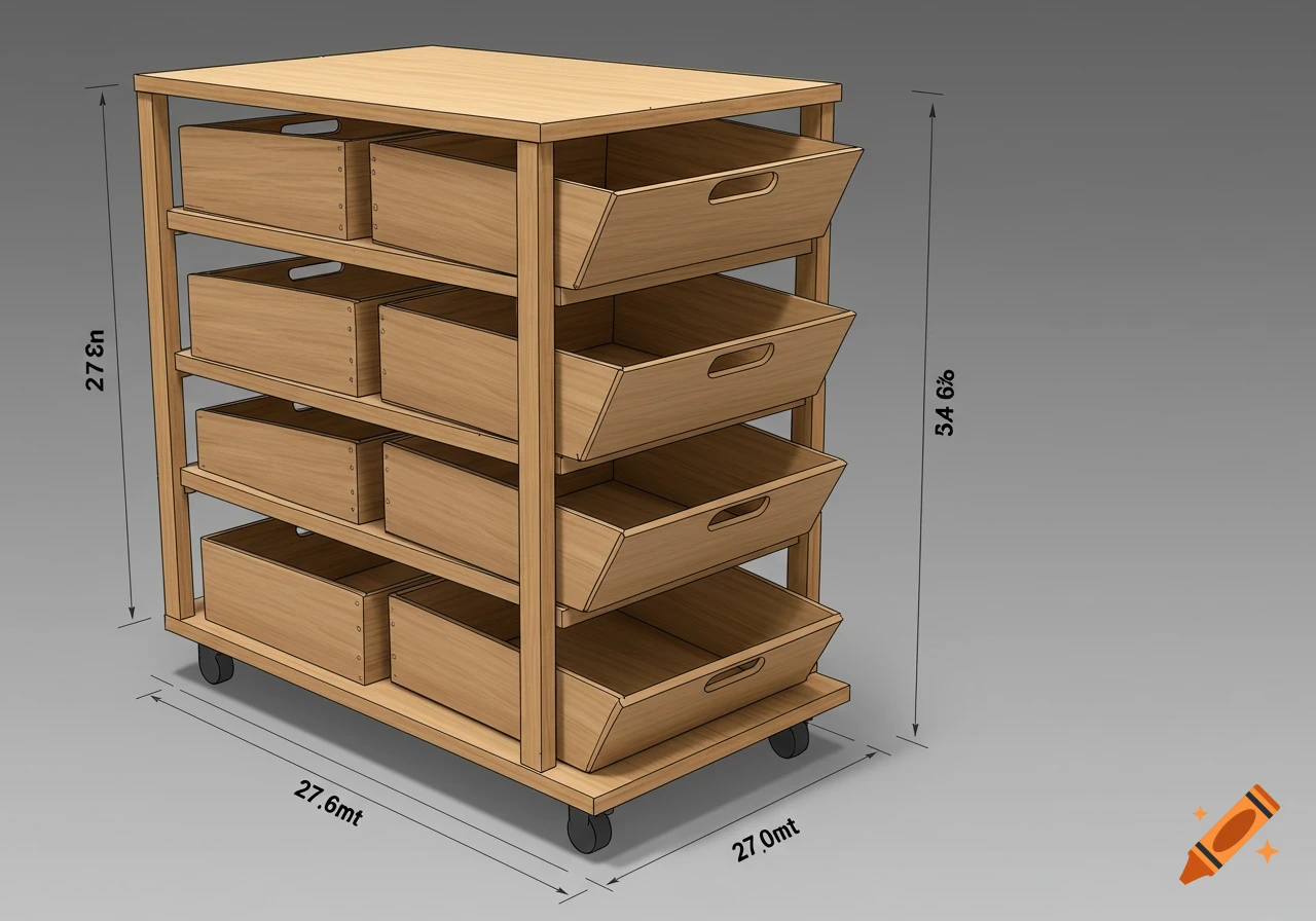 Isometric technical drawing of a movable wooden storage shelf on wheels with four rows of open-top bins and two rows of smaller closed bins. Dimensions are shown.